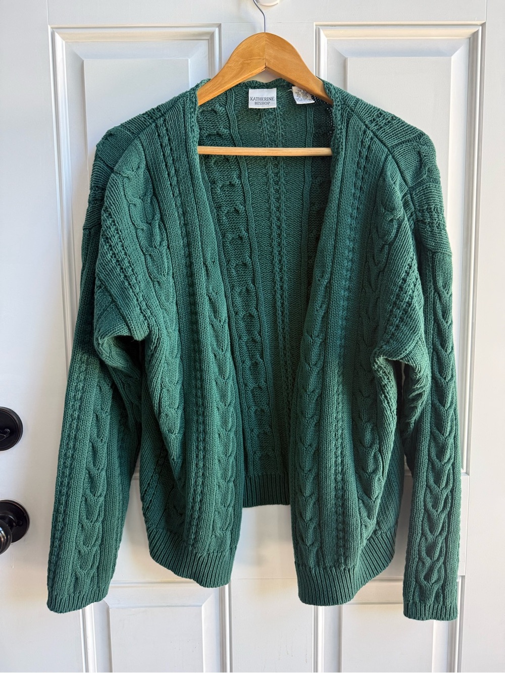 Vintage Cable Knit Open Cardigan Sweater Teal Green Chunky Heavyweight 90’s